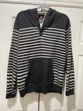 Quiksilver Men's Black and White Striped Crewneck Hoodie